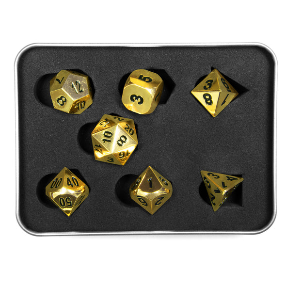 7 RPG Metallwürfel in glänzender gold Optik inkl. Box