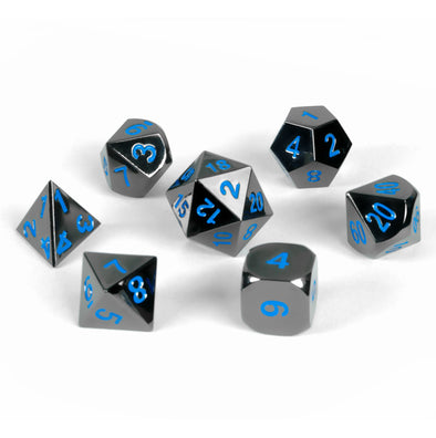 7 verchromte RPG Metallwürfel mit blauen Zahlen inkl. Box