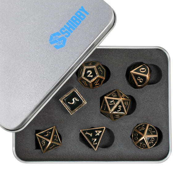 7 RPG Metallwürfel in Bronze-Schwarz Steampunk Optik inkl. Box - DiceBuddy