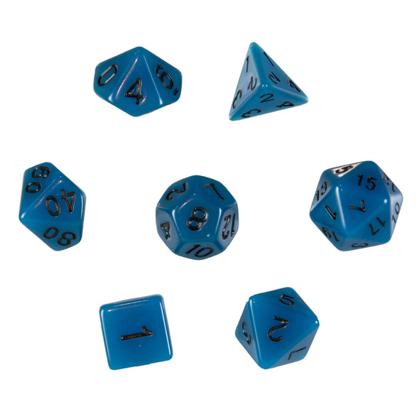 7 polyedrische leuchtende RPG Würfel in blau mit Beutel - DiceBuddy