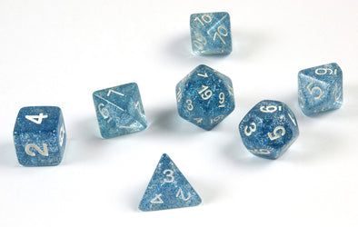 7 polyedrische Glitzer RPG Würfel in blau mit Beutel - DiceBuddy