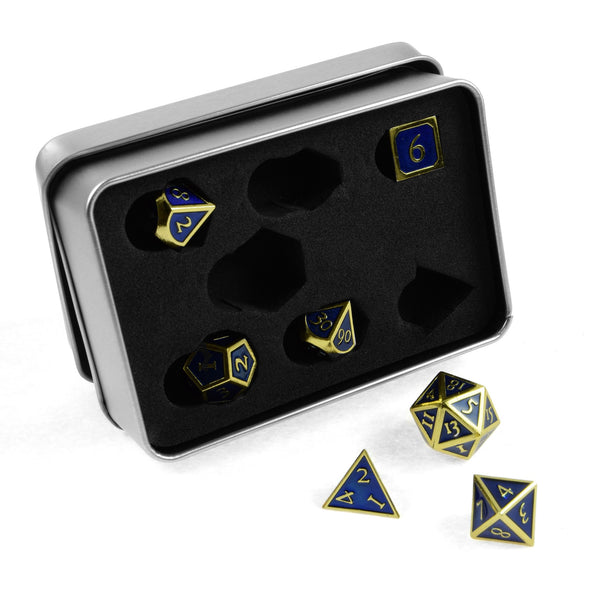 7 RPG Metallwürfel in Gold-Blau Steampunk Optik inkl. Box - DiceBuddy