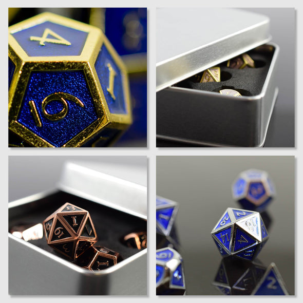 7 RPG Metallwürfel in Gold-Blau Steampunk Optik inkl. Box - DiceBuddy