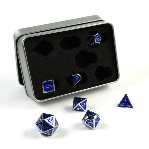 7 RPG Metallwürfel in Silber-Blau Steampunk Optik inkl. Box - DiceBuddy