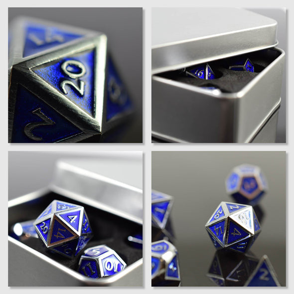 7 RPG Metallwürfel in Silber-Blau Steampunk Optik inkl. Box - DiceBuddy