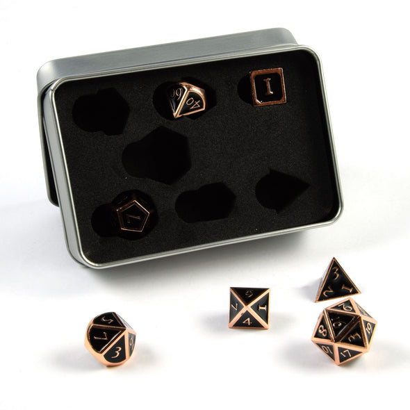 7 RPG Metallwürfel in Bronze-Schwarz Steampunk Optik inkl. Box - DiceBuddy