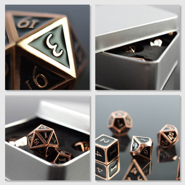 7 RPG Metallwürfel in Bronze-Schwarz Steampunk Optik inkl. Box - DiceBuddy