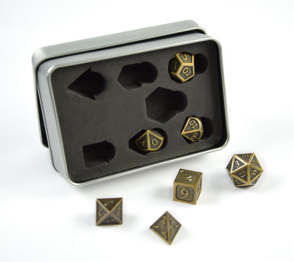 7 RPG Metallwürfel in Gold Steampunk Optik inkl. Box - DiceBuddy