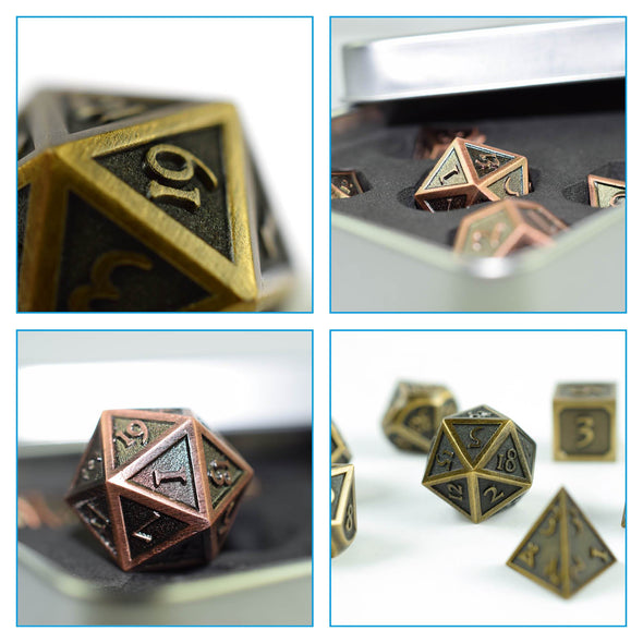 7 RPG Metallwürfel in Gold Steampunk Optik inkl. Box - DiceBuddy