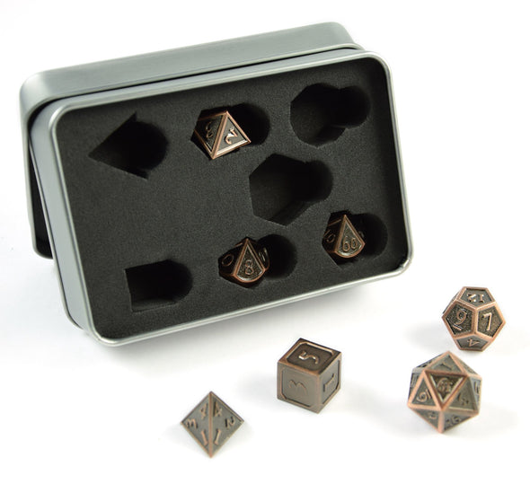 7 RPG Metallwürfel in Kupfer-Bronze Steampunk Optik inkl. Box - DiceBuddy