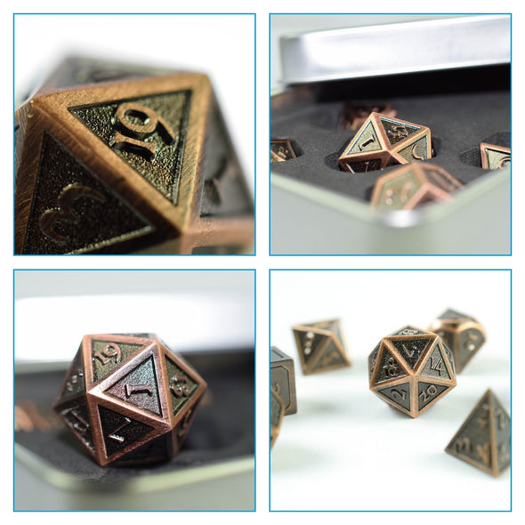 7 RPG Metallwürfel in Kupfer-Bronze Steampunk Optik inkl. Box - DiceBuddy