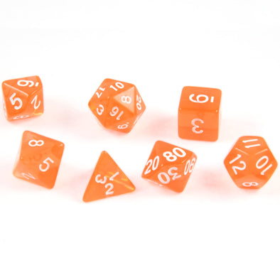 7 polyedrische Würfel in transparent / orange mit Beutel - DiceBuddy