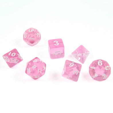 7 polyedrische Würfel in transparent / rosa mit Beutel - DiceBuddy